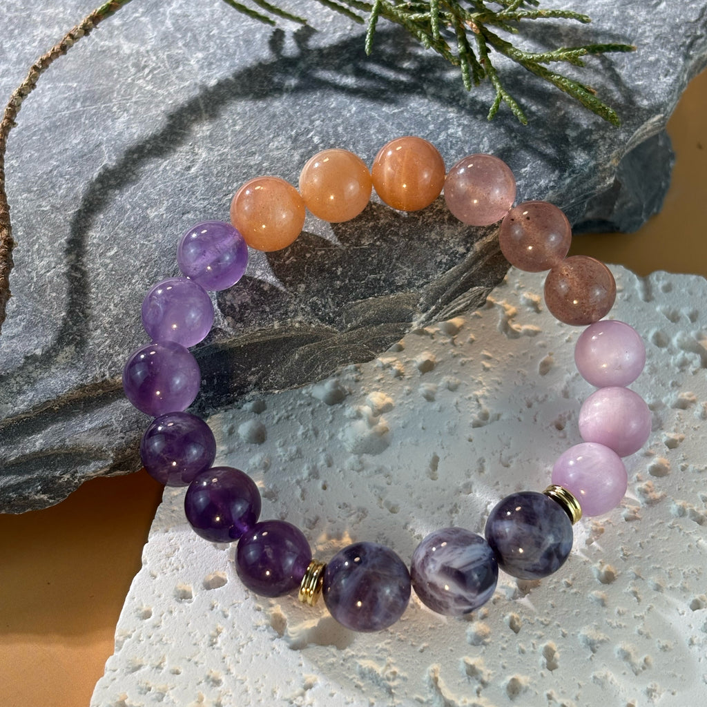 Sunstone Bracelet, Amethyst Bracelet, Strawberry Quartz Bracelet & Chevron Amethyst Bracelet – Radiant Balance Feng Shui Jewelry