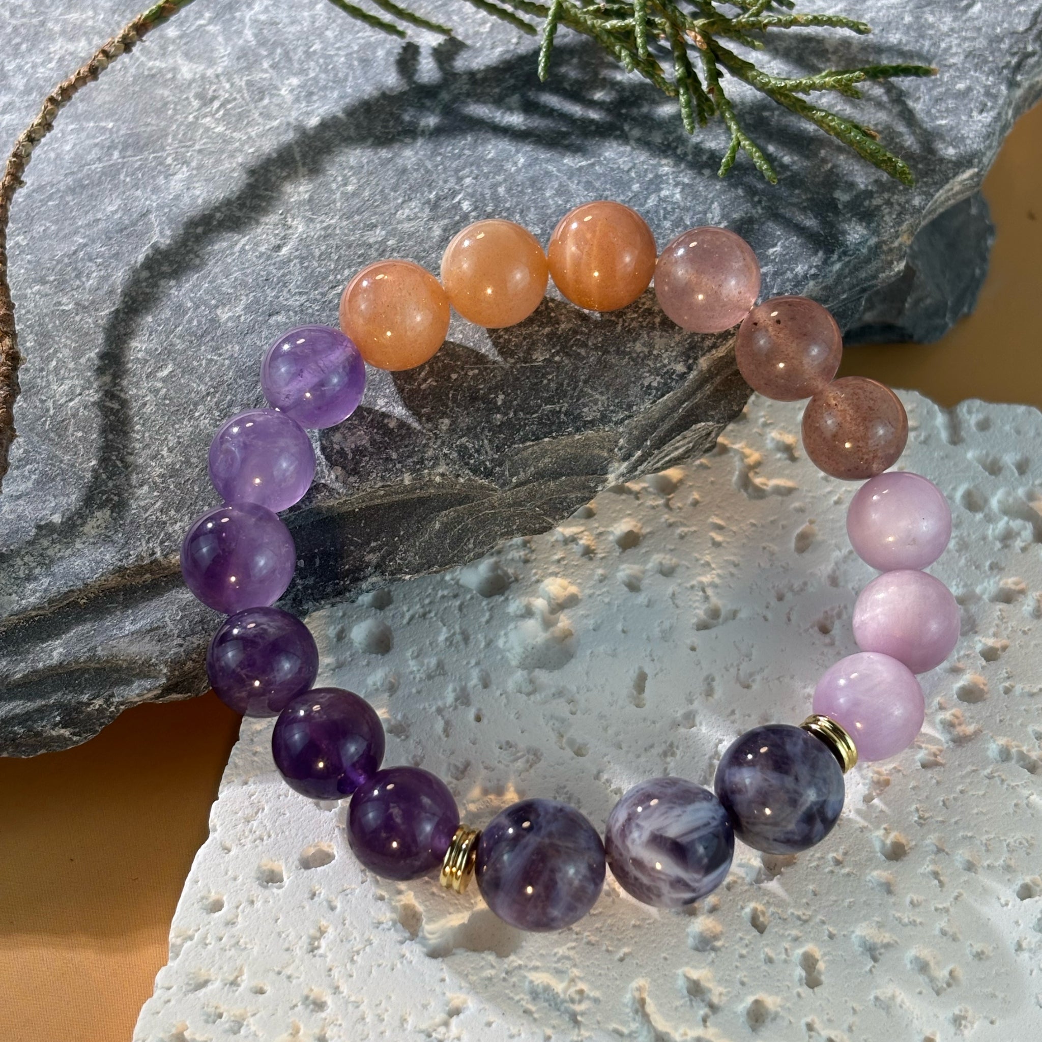 Sunstone Bracelet, Amethyst Bracelet, Strawberry Quartz Bracelet & Chevron Amethyst Bracelet – Radiant Balance Feng Shui Jewelry