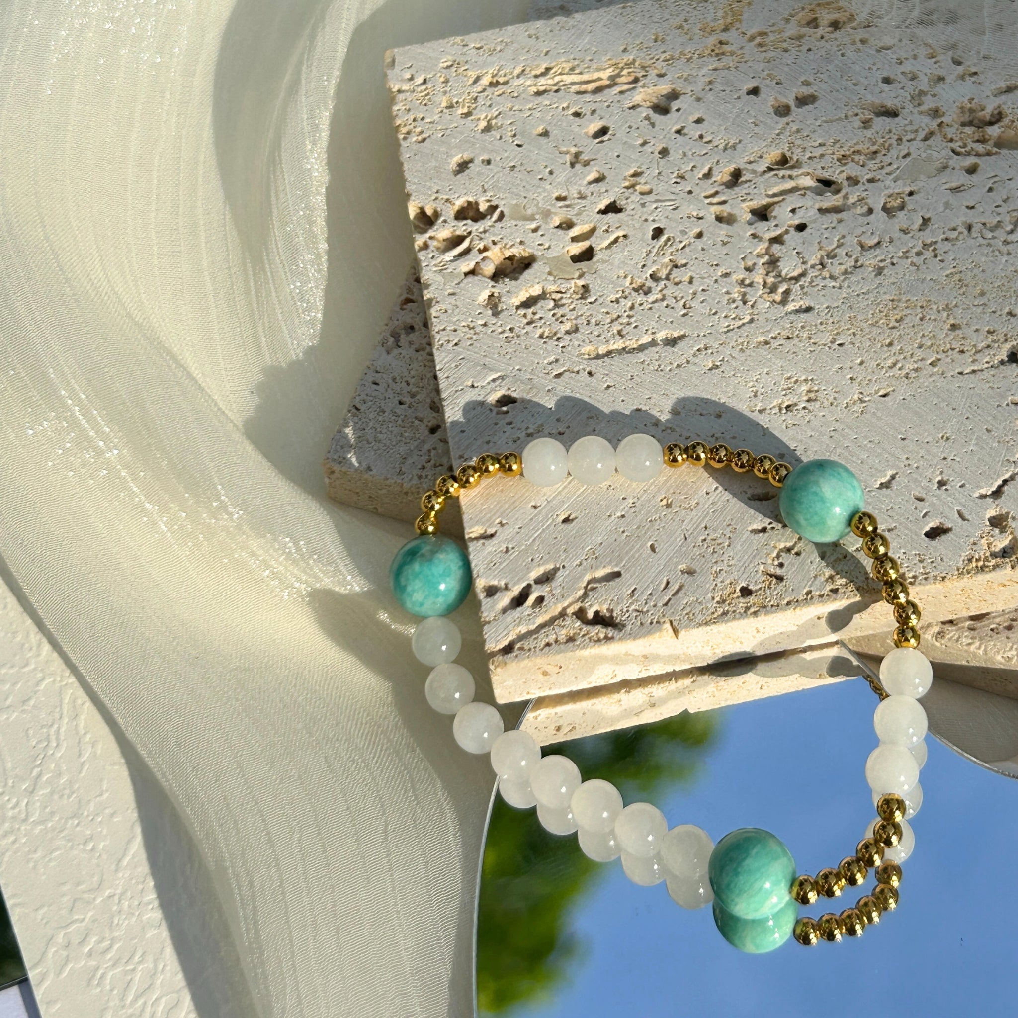 Feng Shui Amazonite and Hetian White Jade Bracelet for Harmony and Emotional Balance
