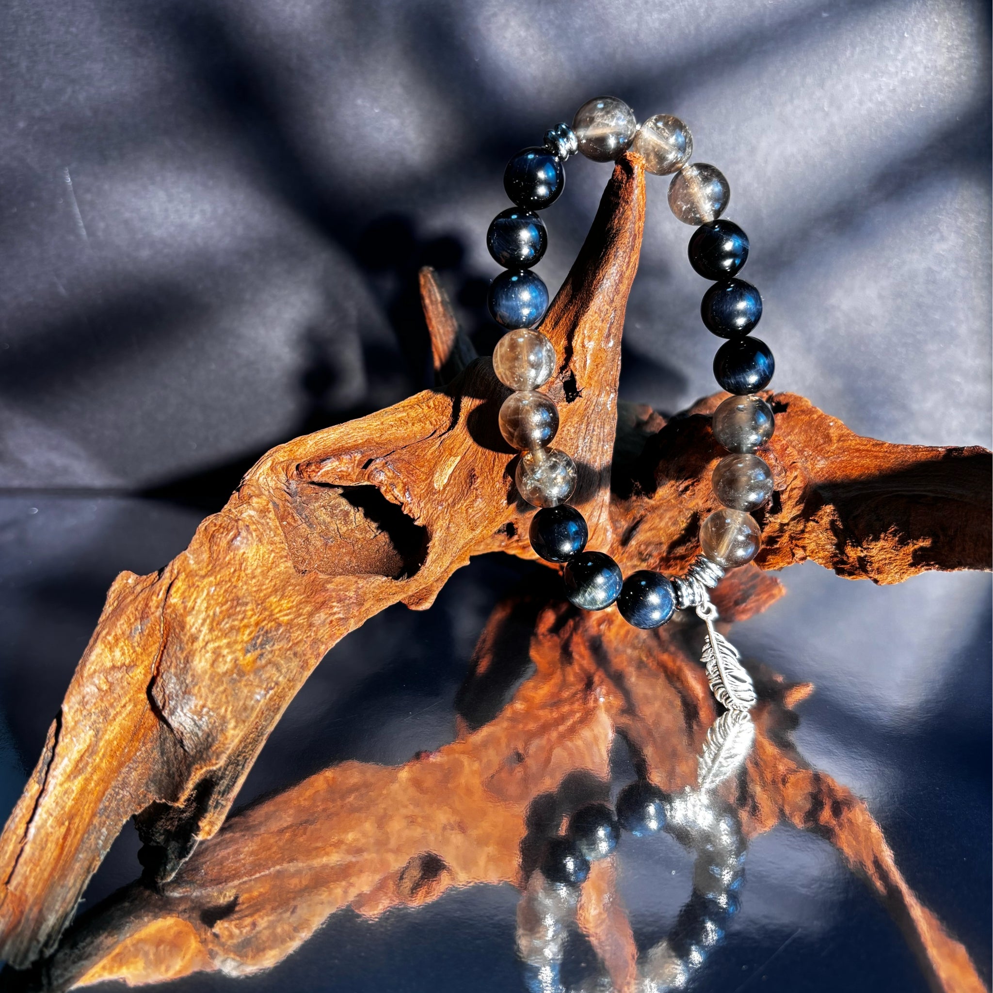 Hawk's Eye Bracelet & Smoky Quartz Bracelet – Silver Feather Clarity Guardian Secondary image