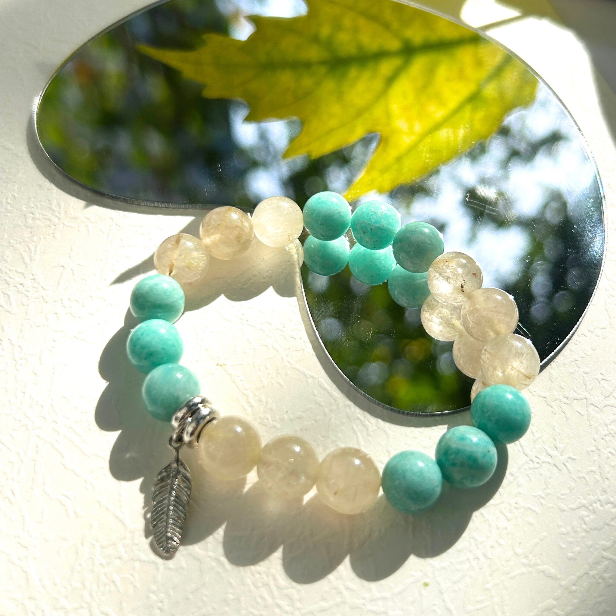 Amazonite Bracelet, Gold Rutilated Quartz Bracelet, Silver Feather Bracelet – Harmony for Growth, Luck & Balance