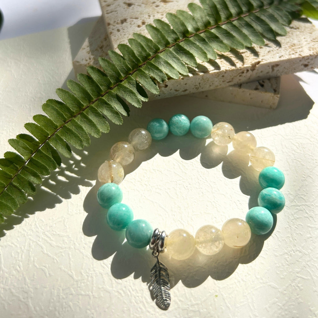 Amazonite Bracelet, Gold Rutilated Quartz Bracelet, Silver Feather Bracelet – Harmony for Growth, Luck & Balance