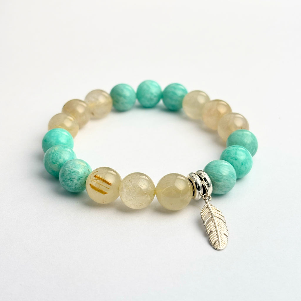 Amazonite Bracelet, Gold Rutilated Quartz Bracelet, Silver Feather Bracelet – Harmony for Growth, Luck & Balance