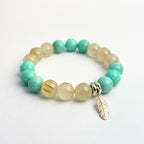 Amazonite Bracelet, Gold Rutilated Quartz Bracelet, Silver Feather Bracelet – Harmony for Growth, Luck & Balance
