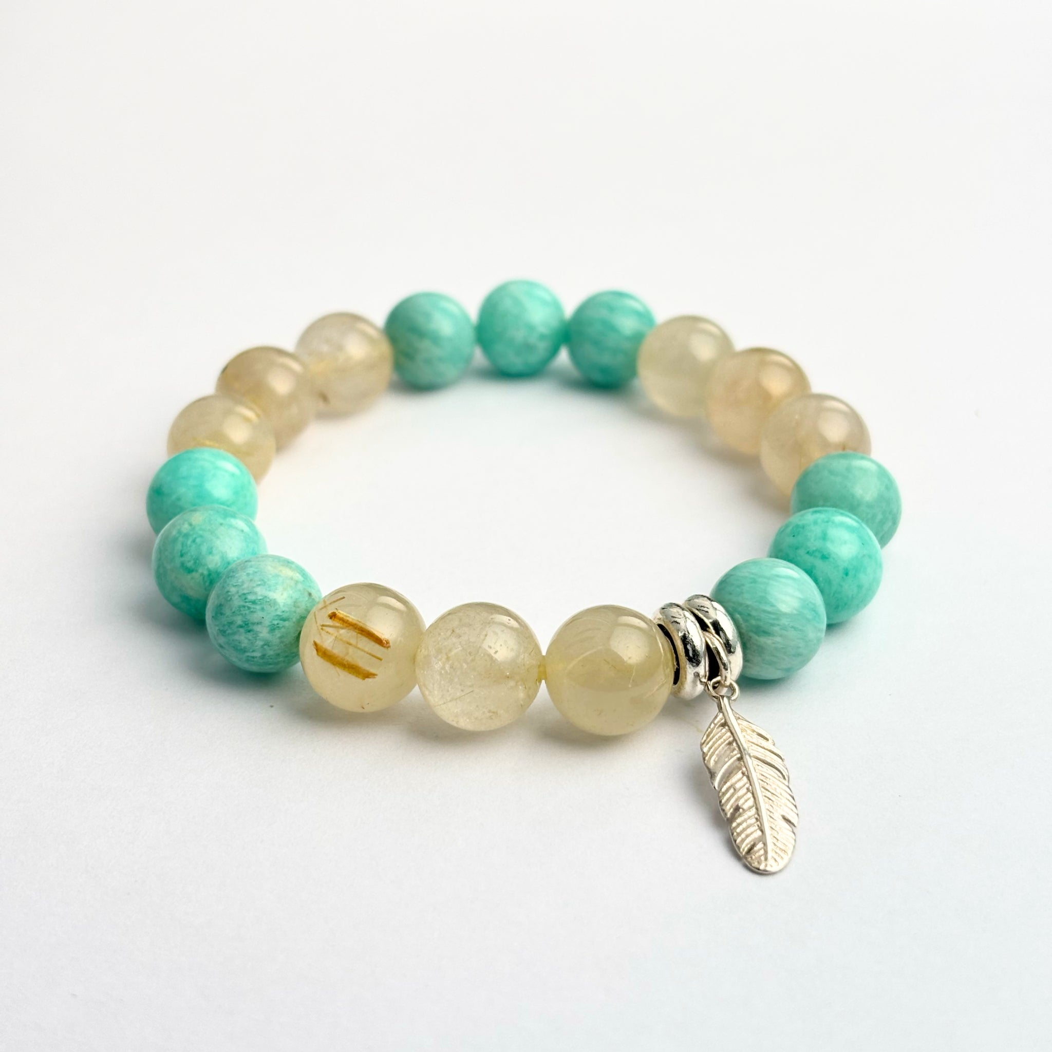 Amazonite Bracelet, Gold Rutilated Quartz Bracelet, Silver Feather Bracelet – Harmony for Growth, Luck & Balance