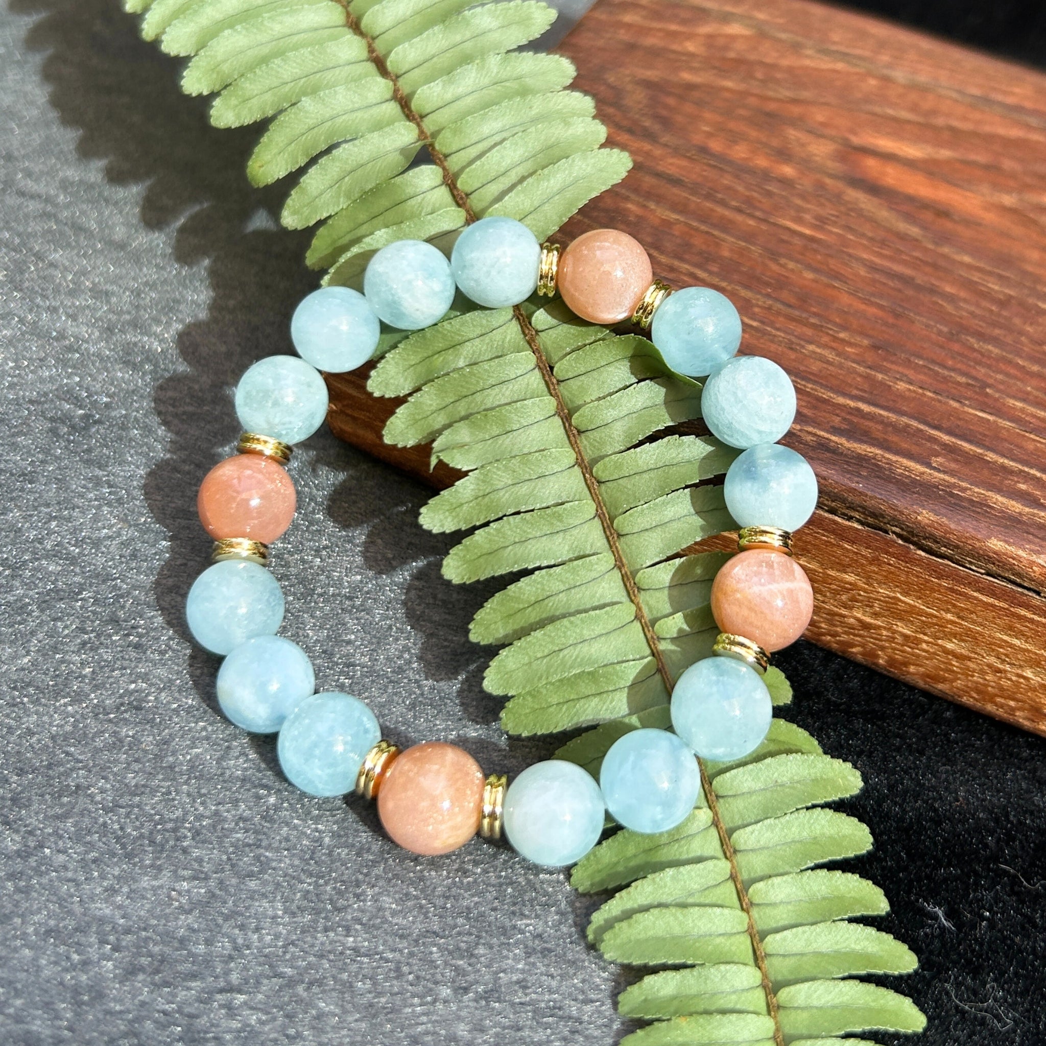 Aquamarine Bracelet with Golden Sunstone Bracelet – Mermaid’s Treasure Feng Shui Charm for Courage and Protection