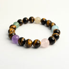 Guardian of Inner Strength Tiger’s Eye Bracelet Set: Aquamarine, Amethyst, Rose Quartz, Green Strawberry Quartz & Gold Rutile Quartz