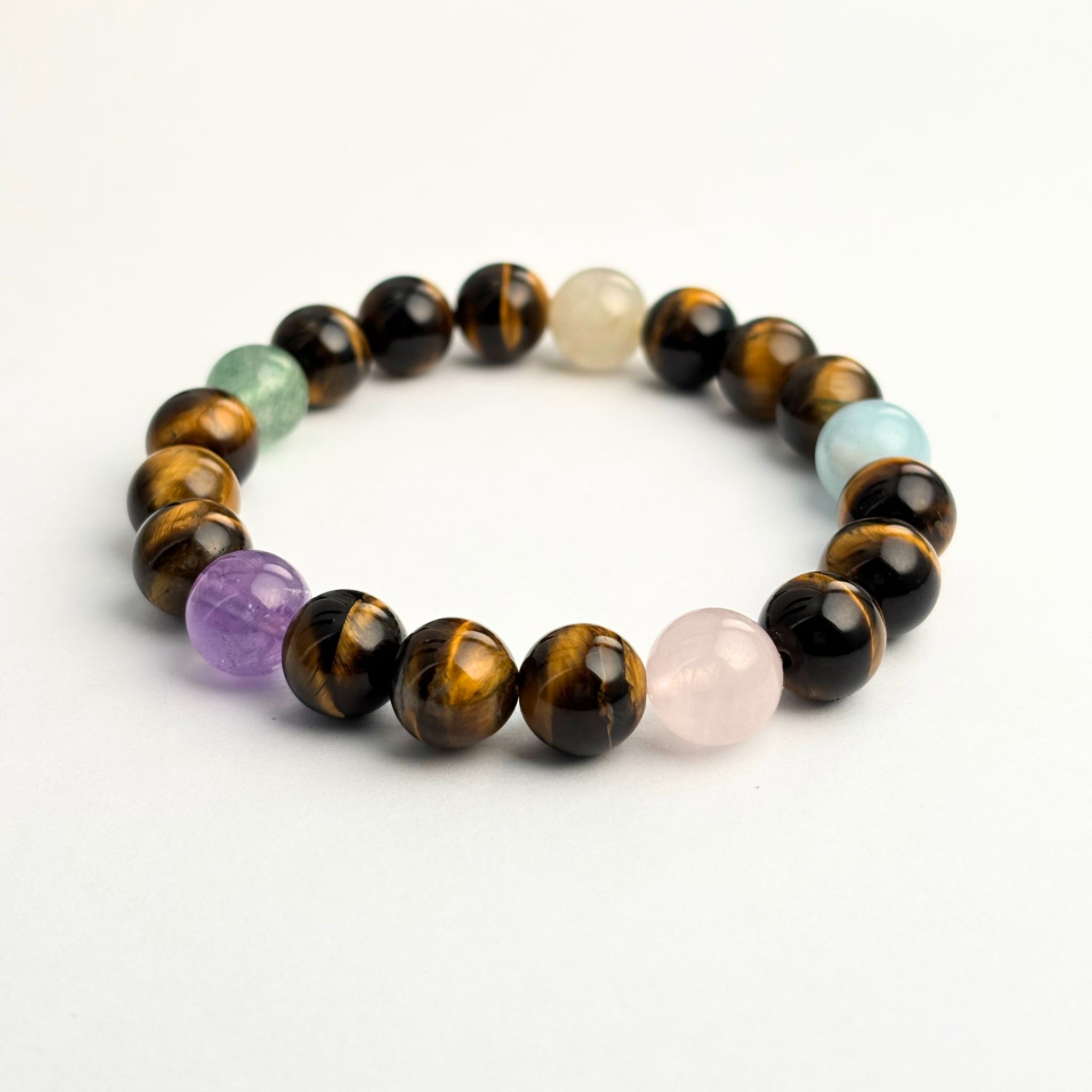 Guardian of Inner Strength Tiger’s Eye Bracelet Set: Aquamarine, Amethyst, Rose Quartz, Green Strawberry Quartz & Gold Rutile Quartz