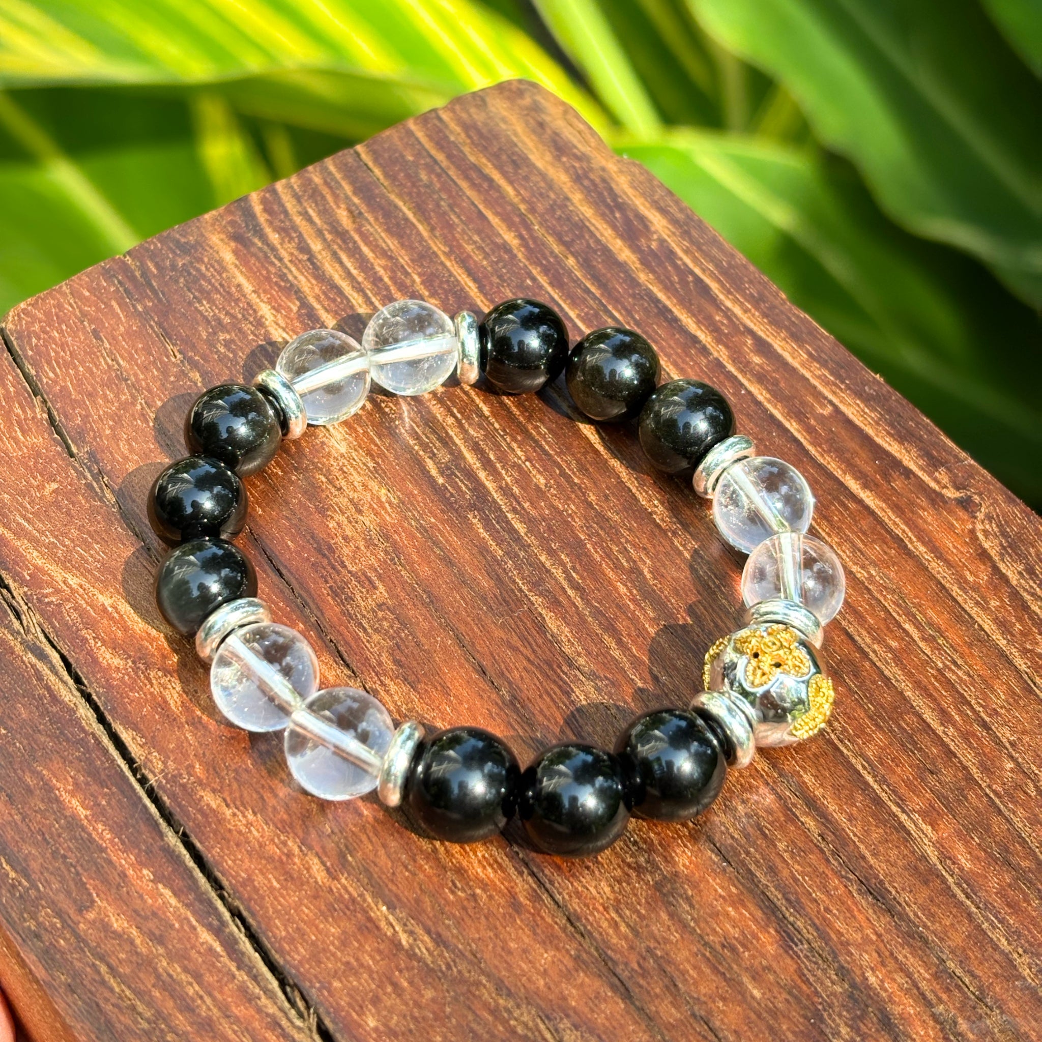 Clear Quartz Bracelet, Black Obsidian Bracelet, Rainbow Obsidian Bracelet, Golden Obsidian Bracelet, Vajra Crystal Bracelet – Mirror of Inner Strength Secondary image
