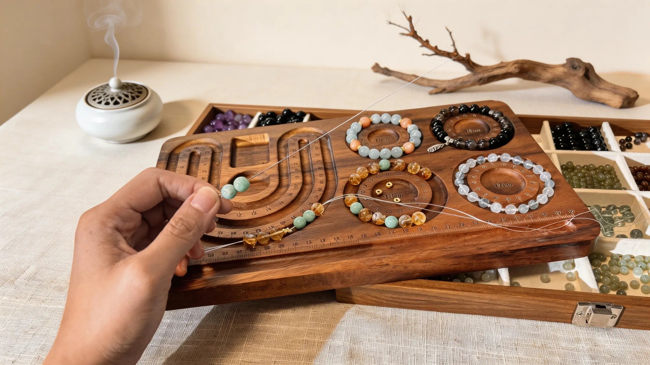Wooden bracelet-making kit with beads and a hand holding a bracelet on a wooden surface.