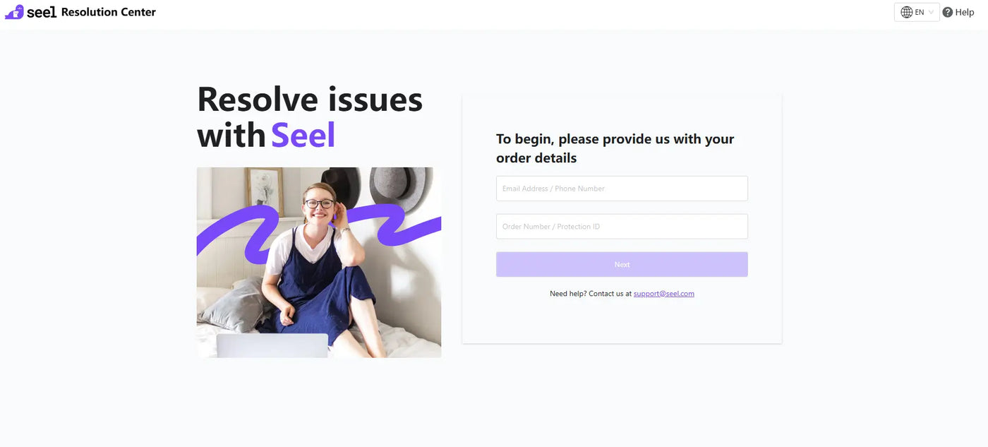 Seel Resolution Centre — enter your email and order number to file a claim